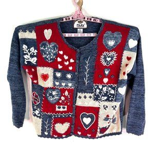 VTG Tiara International Patchwork Knitted Hearts Cardigan Womens Size S/M